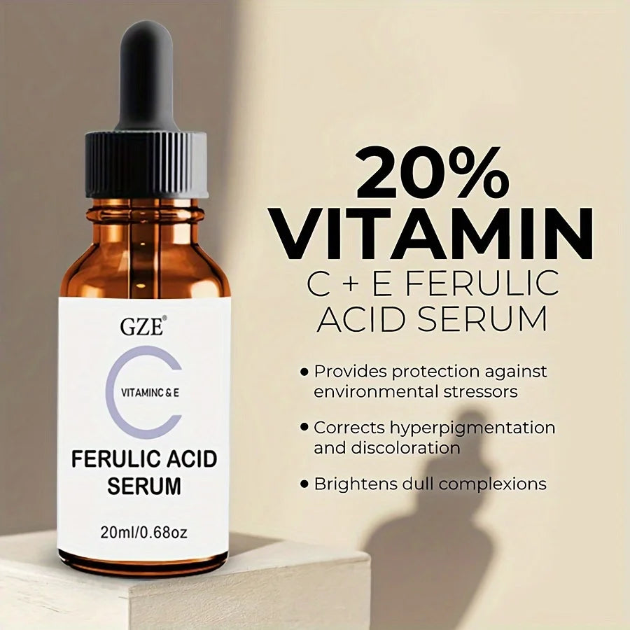 Sérum pour le visage ferulique GZE avec vitamine C, vitamine E et acide absorbant - vous fait paraître plus jeune, Essence éclaircissante pour le visage