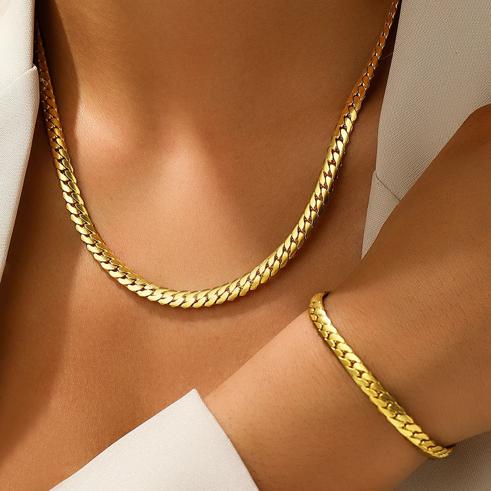 DOTIFI acier inoxydable Simple plat chaîne cubaine Bracelet collier ensemble de bijoux plaqué or 18 carats mode chaîne épaisse bijoux de mode