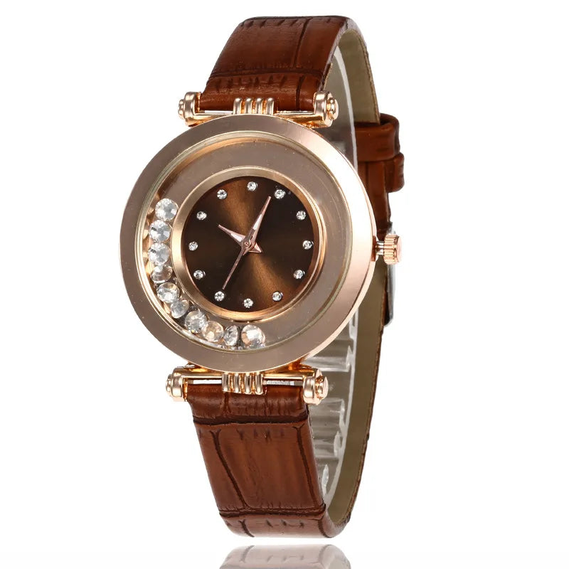 Montre à Quartz Analogique avec Ceinture en Cuir et Diamant pour Femme, Accessoire de Luxe