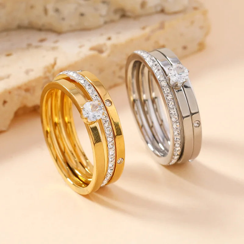 Bague de luxe en acier inoxydable pour femmes, ensemble de trois pièces en Zircon, accessoire de doigt classique à la mode, bijoux cadeaux féminins