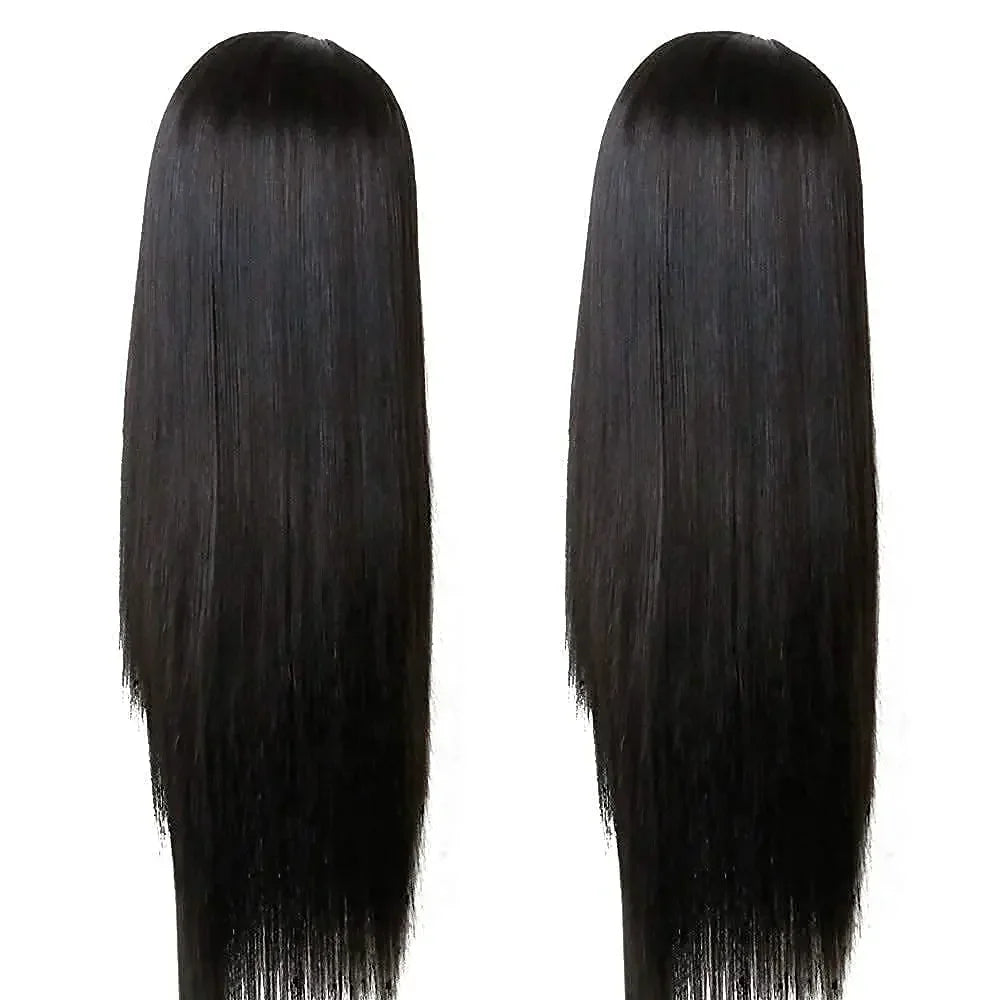Perruques synthétiques Remy longues et lisses, perruque en Fiber noire naturelle résistante à la chaleur avec frange, pe