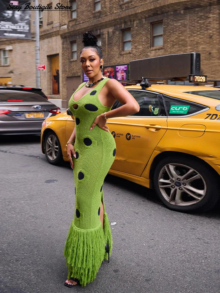 Femmes Sexy voir à travers tricoté Maxi robe évider col profond Pot Robes gland ourlet fourchette fête robes 2025 nouvelle dame Club robe