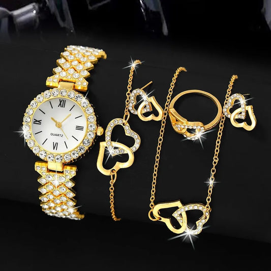 Ensemble de montre-bracelet à quartz pour femme, horloge pour femme, cadran romain, design de marque de luxe, décontracté, 6 pièces