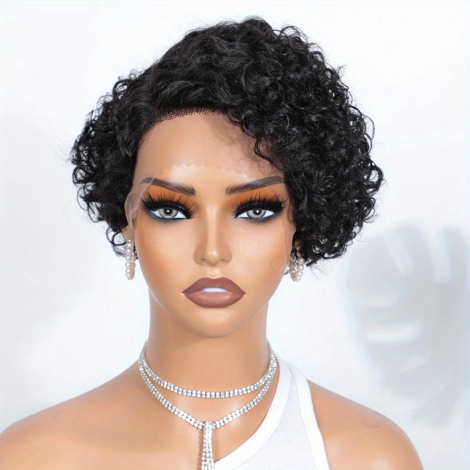Cheveux brésiliens coupe lutin courte bouclée Bob perruque 13x6x1 t-lace avant perruque de cheveux humains profond bouclés Transparent dentelle partie perruques pour les femmes