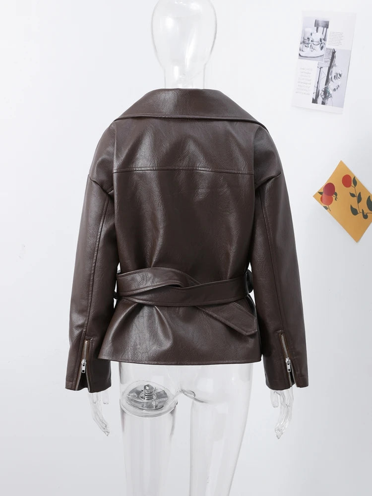 Veste Femme en Cuir Marron avec Ceinture - Style Motard Automne