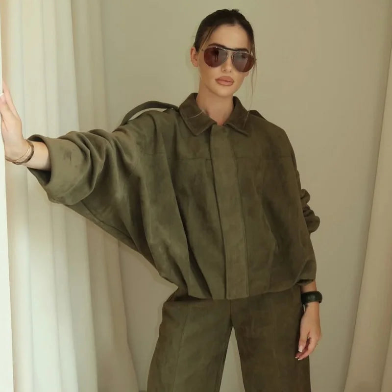 Veste Bomber Femme en Daim - Fermeture Éclair Revers Manches Longues - Lencensa 