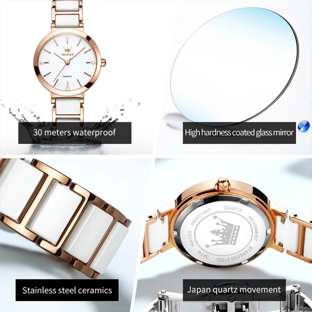 OLEVS-Montre-bracelet de luxe en or rose pour femme, montre-bracelet à quartz pour femme, horloge à bracelet en céramique, mode féminine