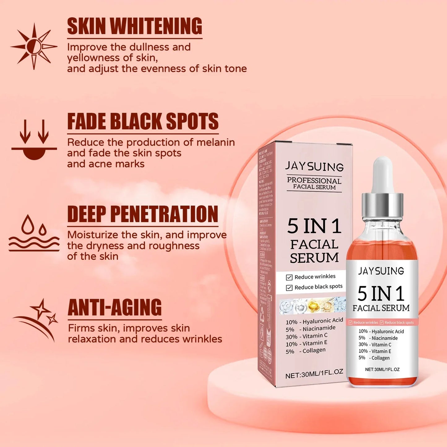Sérum pour le visage 5 en 1, estompe les ridules, raffermissant, rétrécit les pores, hydratant, éclaircissant, acide hyaluronique, rétinol, 1/2/3 pièces