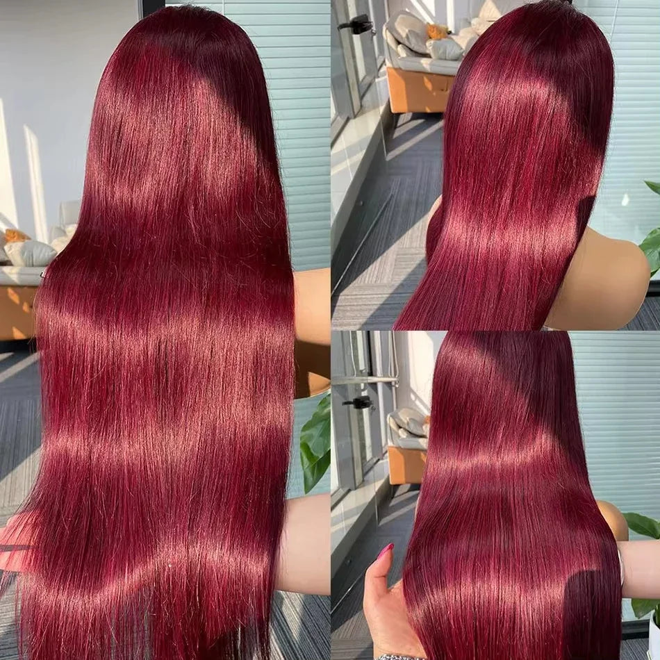 Perruque Lace Front Wig brésilienne naturelle, cheveux lisses, 13x6, 99J, 13x4, couleur rouge bordeaux, pre-plucked, 100%