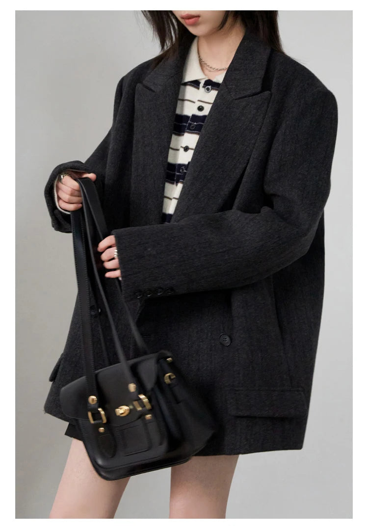 CHIC VEN-Blazer en laine vintage pour femme, veste à col en V, double boutonnage imbibé, manteau de bureau pour femme, printemps, automne, 2025 - Lencensa 