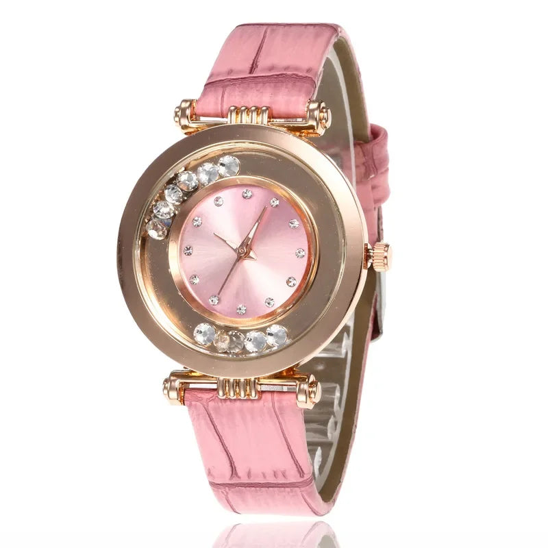 Montre à Quartz Analogique avec Ceinture en Cuir et Diamant pour Femme, Accessoire de Luxe
