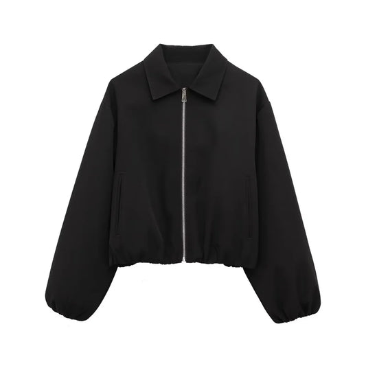 Veste Courte Femme Noire avec Col - Blouson Fermeture Éclair