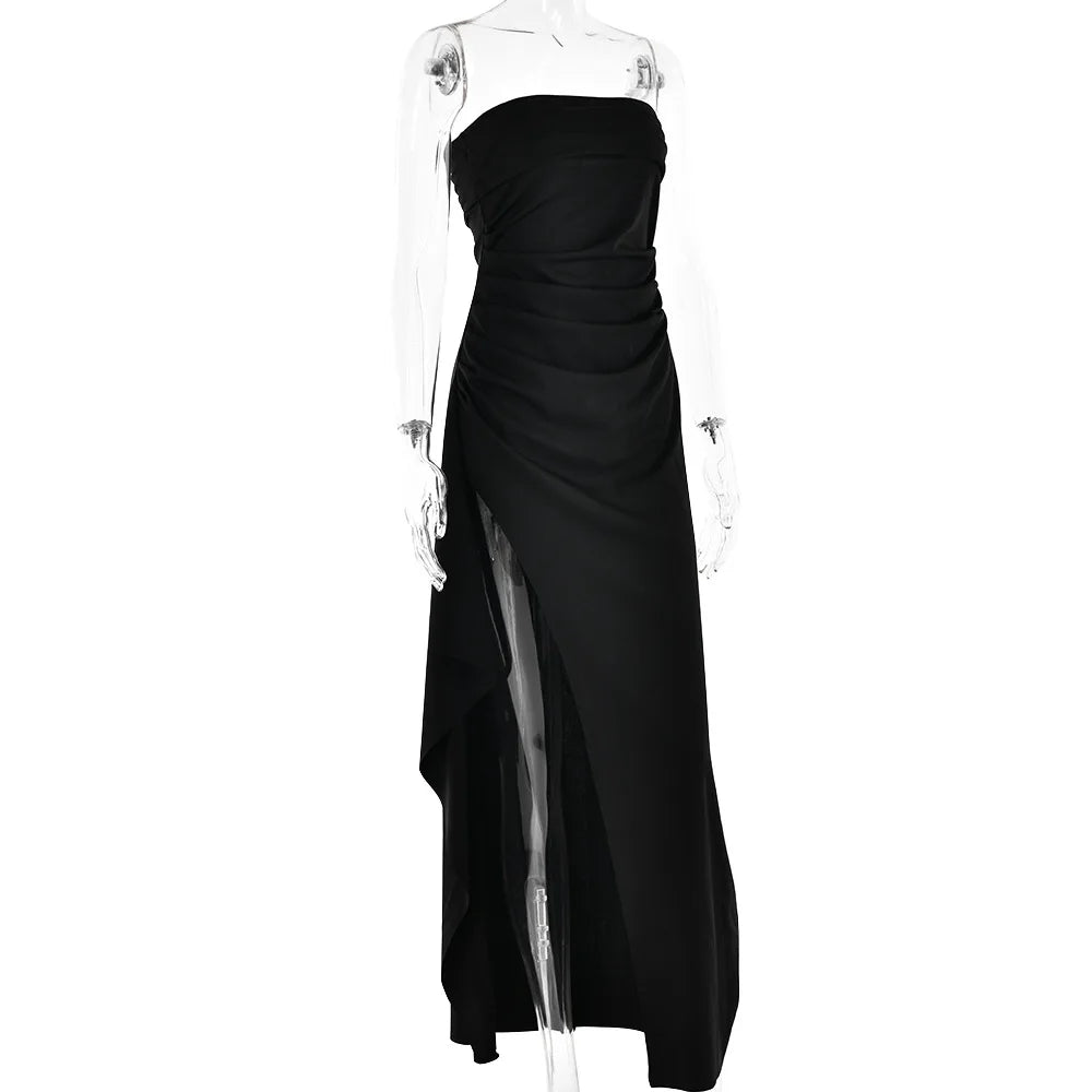 Robe Maxi fendue, épaules dénudées, élégante, taille haute, tenue de Club pour femmes, Sexy, sans bretelles, robe froncée