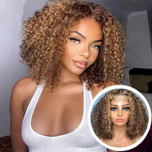 Ombre mettre en évidence P4/27 péruvien Remy cheveux courts Bob perruques de cheveux humains perruque Blonde profonde bouclée Bob perruque 13x4 dentelle avant perruques pour les femmes