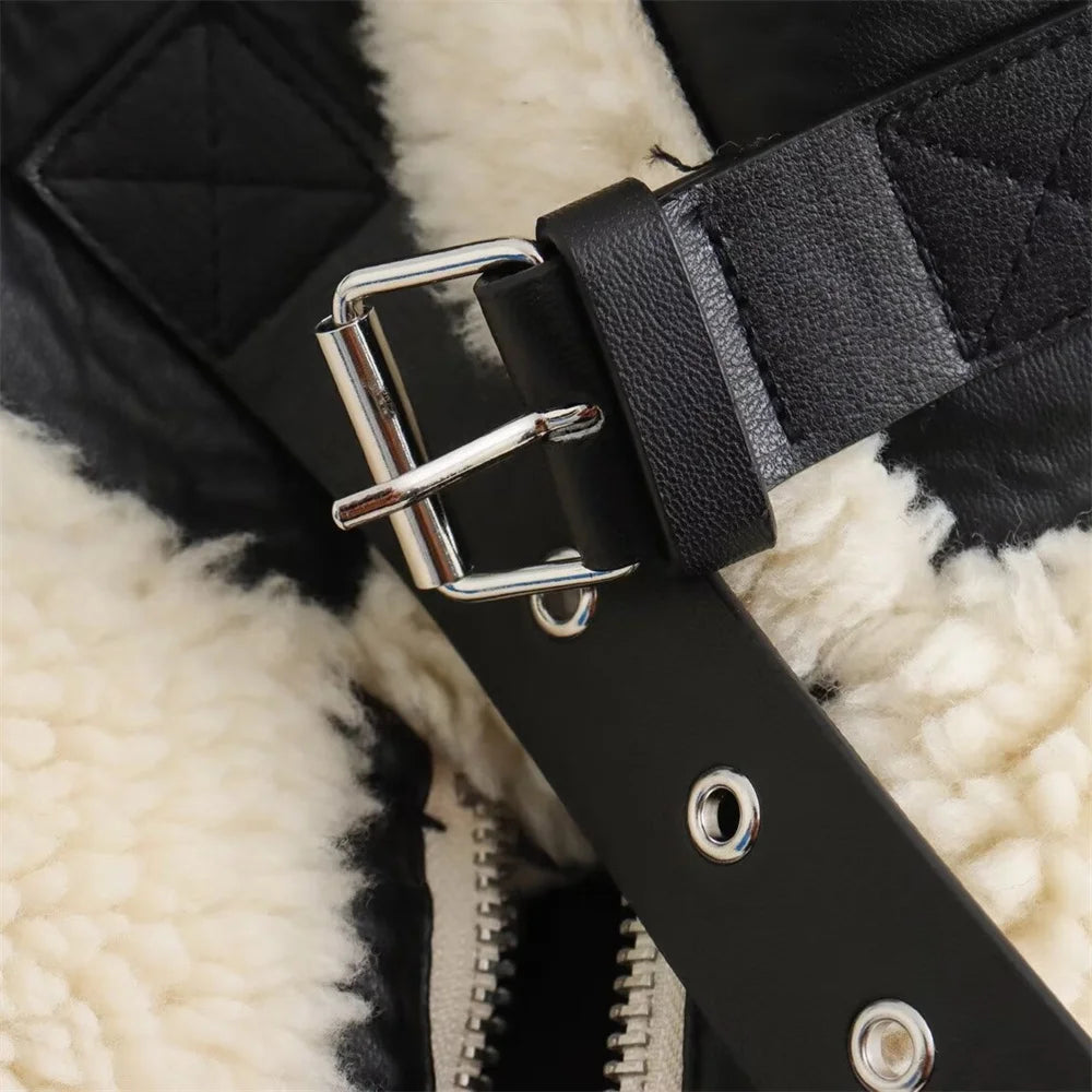 Veste Moto Femme avec Fourrure Artificielle - Manteau Style Européen Automne 2024