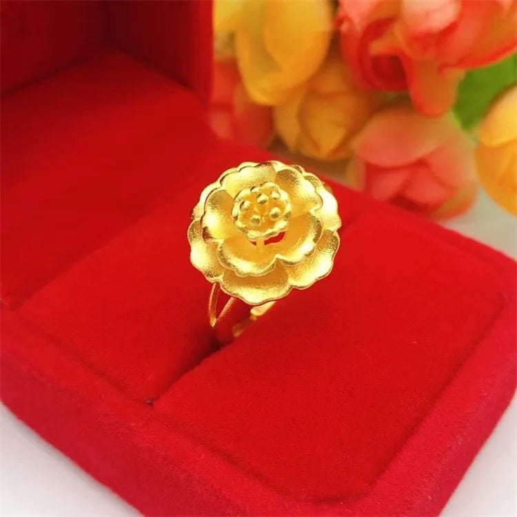 Bague Or 24K Réglable Femme - Fleur Pistolet Au999 Authentique