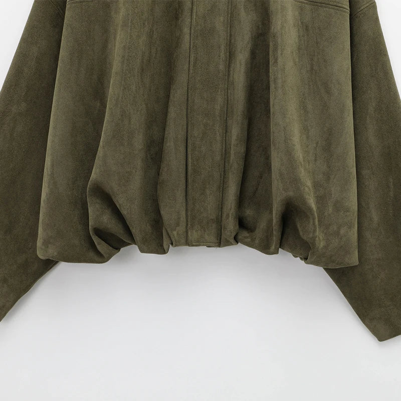 Veste Bomber Femme en Daim - Fermeture Éclair Revers Manches Longues - Lencensa 