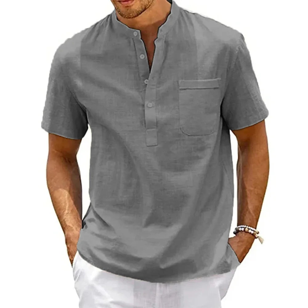 Chemise Homme King Billion - Col Henley Coton Lin Manches Courtes Été - Lencensa 