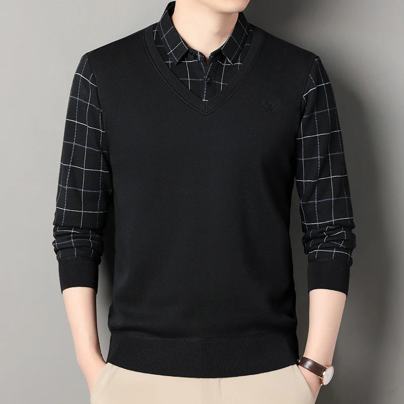 Pull d'hiver en polaire pour hommes, col Polo, coupe cintrée, élégant, marque de luxe, faux deux pièces, pulls tricotés - Lencensa 