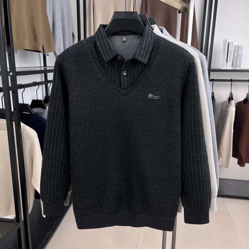 Marque de luxe hommes en peluche faux deux pièces à manches longues tricoté pull hiver nouvelle couleur unie imprimé chaud mode affaires vêtements pour hommes - Lencensa 