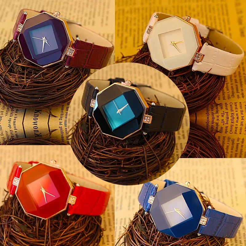 Créatif Design décontracté femmes Montre bracelet en cuir bleu Montre multicolore analogique Quartz montres dames Reloj Mujer Montre Femme