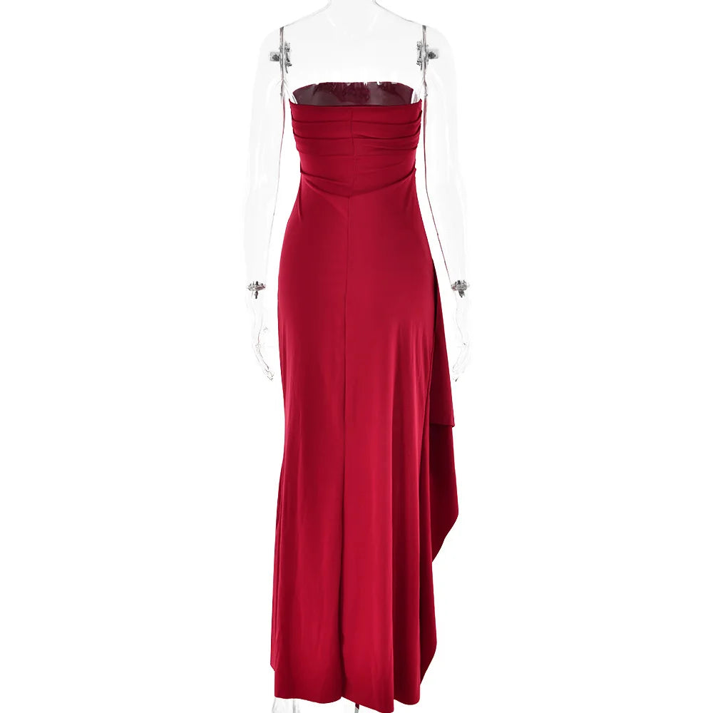 Robe Maxi fendue, épaules dénudées, élégante, taille haute, tenue de Club pour femmes, Sexy, sans bretelles, robe froncée