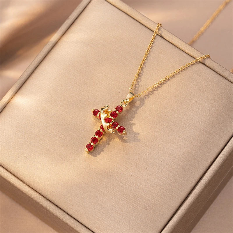 Chaîne en acier inoxydable, pendentif croix en cuivre pour femmes, collier de luxe en Zircon, couronne rotative, bijoux, livraison directe