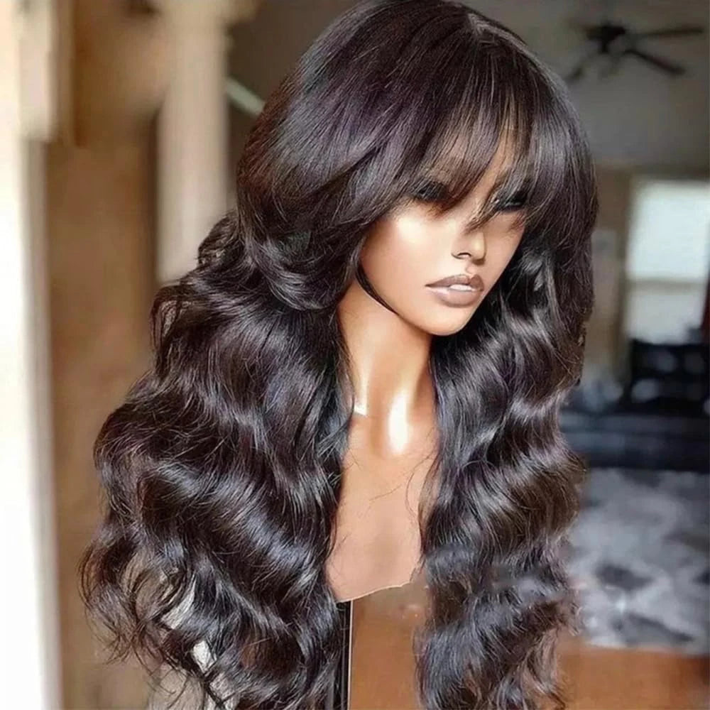 Perruque brésilienne Body Wave avec frange pour femme, perruques de cheveux humains, fabriquée à la machine, document naturel, 100%