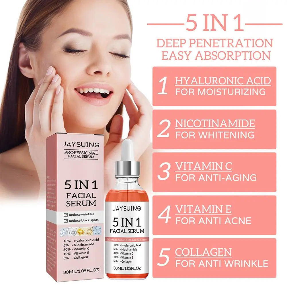 Sérum visage 5 en 1, hydratant, blanchissant, anti-déformable, anti-âge, vitamine C et acide hyaluronique pour réduire les pores, 30ml