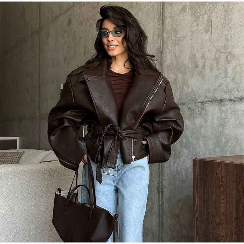 Veste Femme en Cuir Marron avec Ceinture - Style Motard Automne