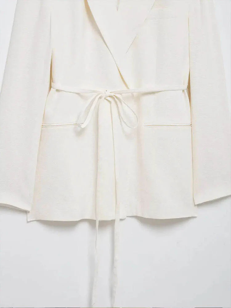 HH – costumes pour femmes, col rabattu blanc, manches longues, blazer à lacets + pantalon Long taille haute avec fermeture éclair, ensembles de mode printemps - Lencensa 