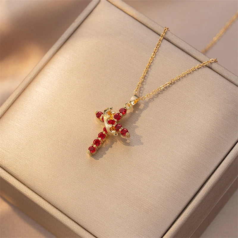 Chaîne en acier inoxydable, pendentif croix en cuivre pour femmes, collier de luxe en Zircon, couronne rotative, bijoux, livraison directe