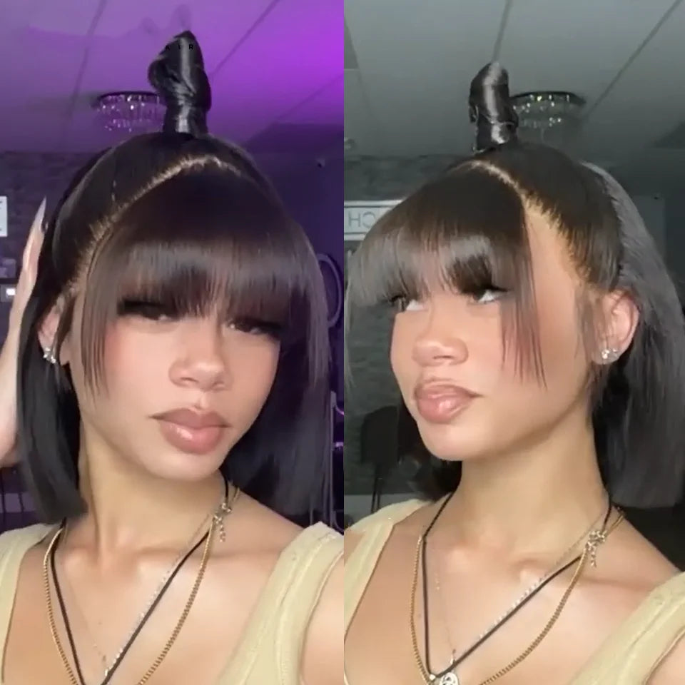 Perruque Bob Lace Front Wig naturelle péruvienne, cheveux courts et lisses, avec frange, cheveux Remy brésiliens, partie facile, pour femmes