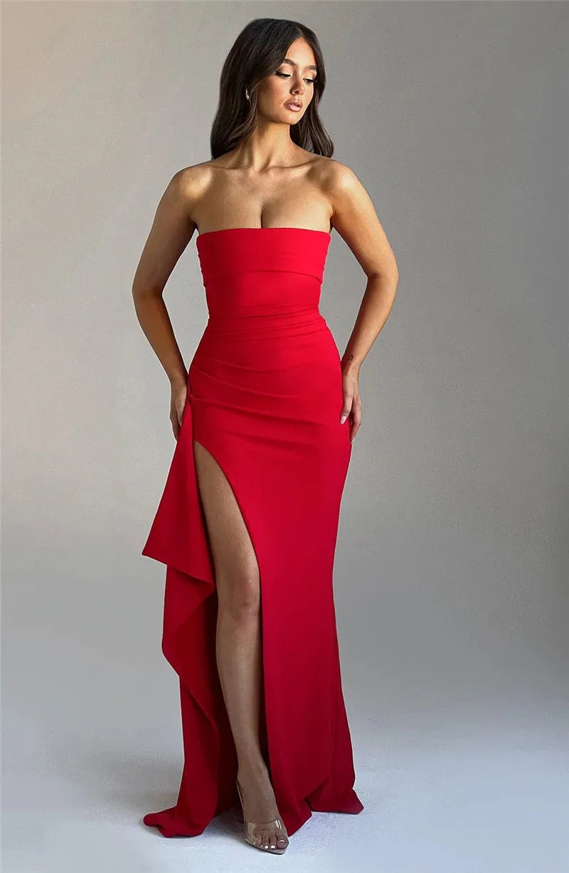 Mozision-Robe longue dos nu sans bretelles pour femme, robe maxi à fente haute, mode féminine, épaules dénudées, boîte de nuit, fête, élégante