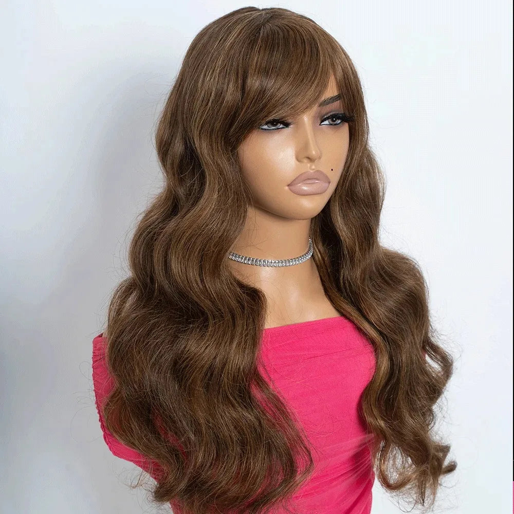 Perruque brésilienne de cheveux humains de vague de corps de densité 180% avec la frange porter pour aller perruques de cheveux humains brun naturel pour les femmes perruque profonde lâche - Lencensa 