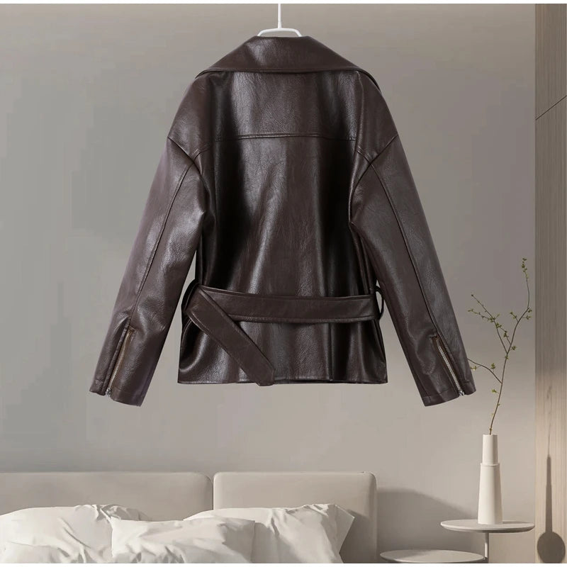 Veste Femme en Cuir Marron avec Ceinture - Style Motard Automne