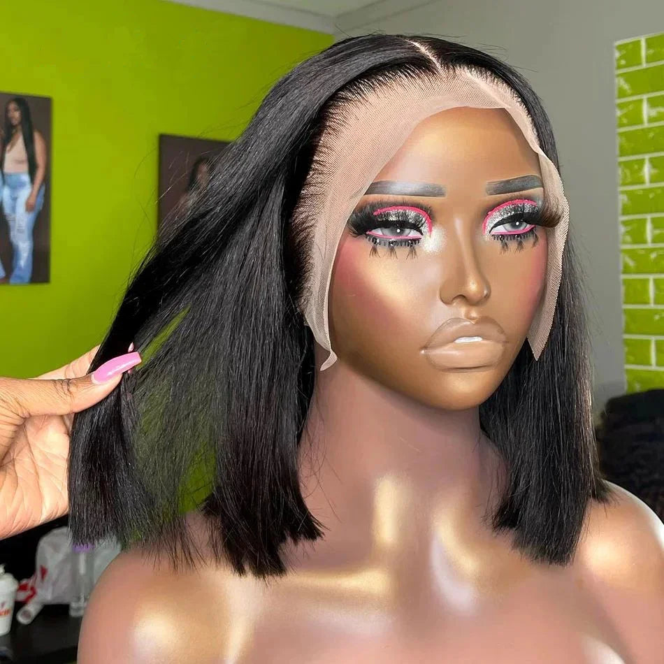 10-16 pouces courte droite Bob perruque droite brésilienne 100% cheveux humains Bobo 13x4 dentelle frontale perruque Bobo moyen cheveux raides - Lencensa 
