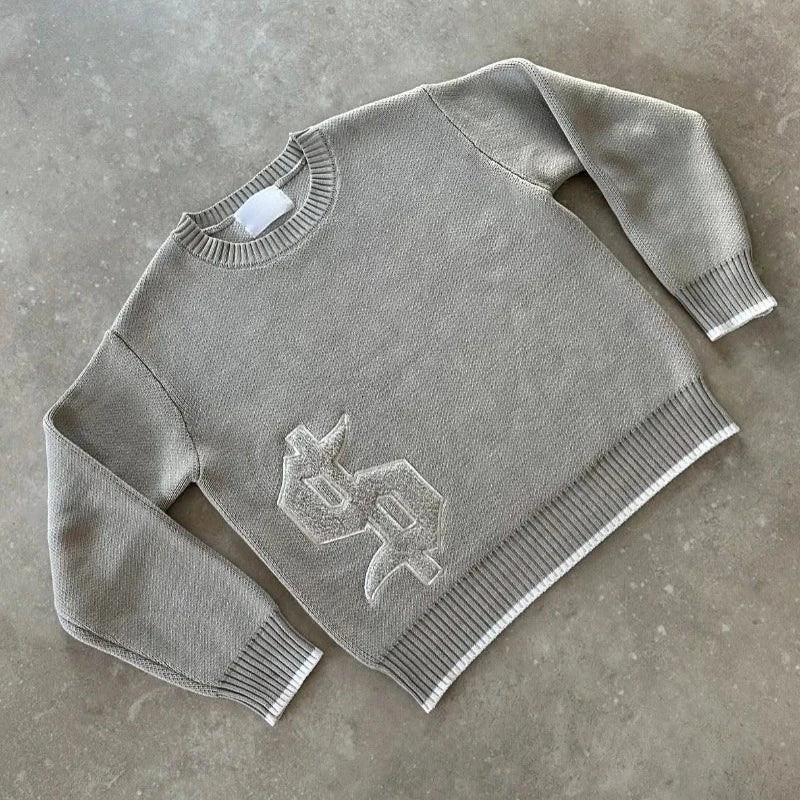 Y2K col rond gris tricoté pull nouveau modèle de symbole populaire rétro Harajuku pull automne hiver chaud Boxy vêtements pour hommes - Lencensa 