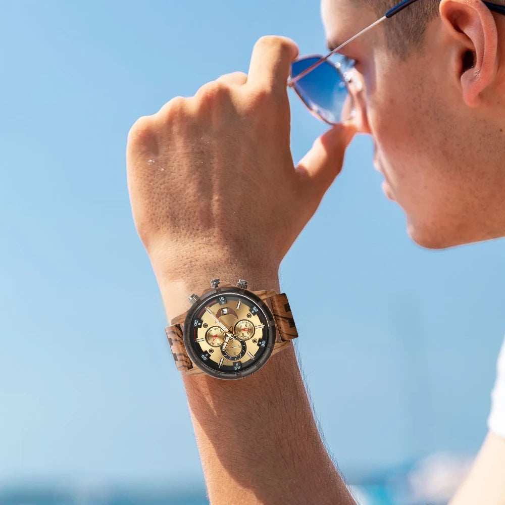 Montres-bracelets en bois pour hommes montres à Quartz de mode avec horloge Date semaine montres boîte en bois pour lui reloj hombre - Lencensa 