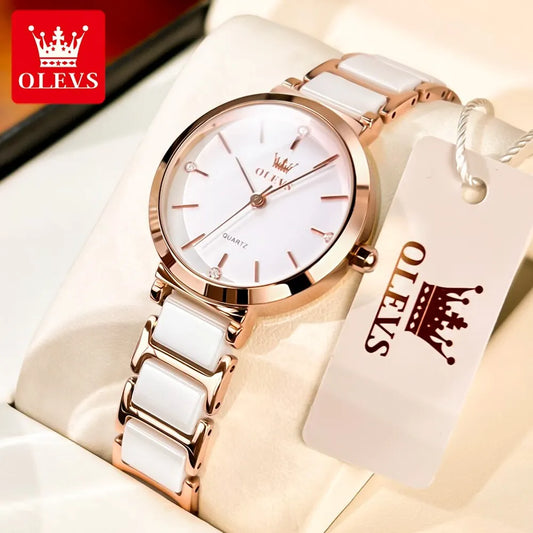 OLEVS-Montre-bracelet de luxe en or rose pour femme, montre-bracelet à quartz pour femme, horloge à bracelet en céramique, mode féminine