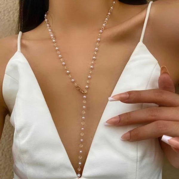 Collier Long en forme de Y en verre, couleur or argent, chaîne de clavicule en métal, fête de vacances d'été, bijoux de corps bohème, cadeaux