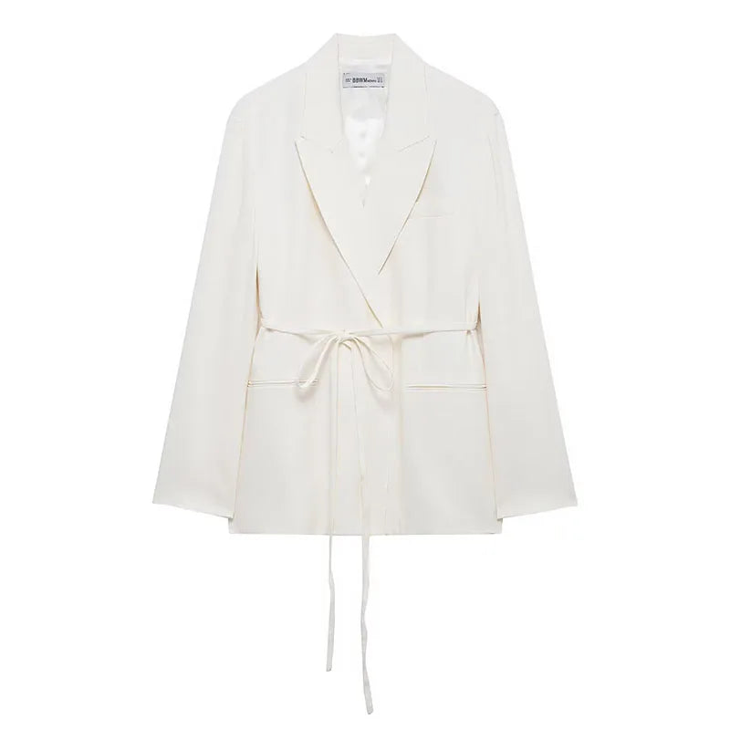 HH – costumes pour femmes, col rabattu blanc, manches longues, blazer à lacets + pantalon Long taille haute avec fermeture éclair, ensembles de mode printemps - Lencensa 