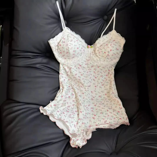 Combinaison barboteuse à imprimé floral pour femmes, garniture en dentelle, justaucorps coupe couvertes, sous-vêtements sexy, vêtements de nuit, lingerie sexy, été