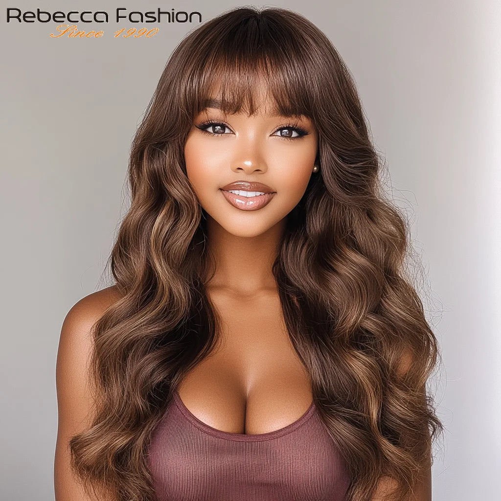 Perruque brésilienne de cheveux humains de vague de corps de densité 180% avec la frange porter pour aller perruques de cheveux humains brun naturel pour les femmes perruque profonde lâche - Lencensa 