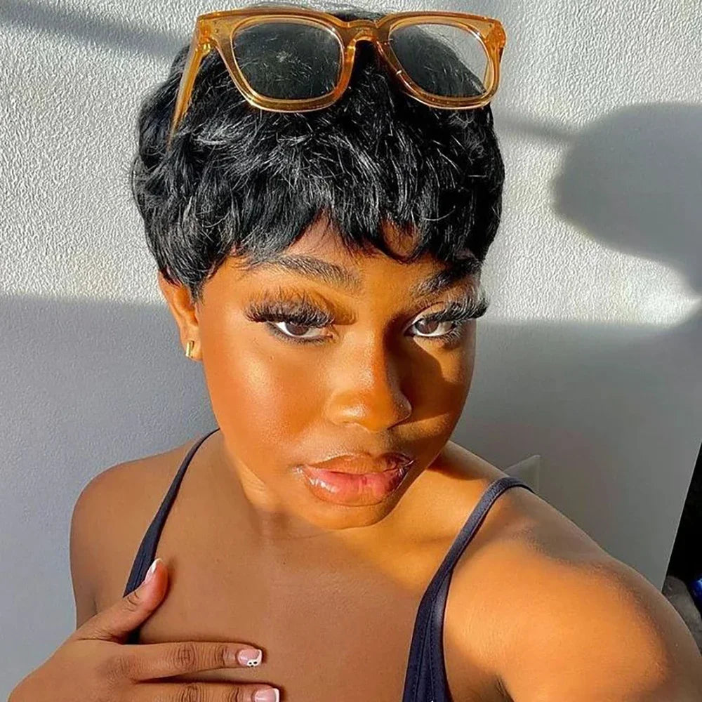 Perruque Naturelle Courte avec Frange pour Femme Noire, Cheveux Lisses, Coupe Pixie, Faite à la Machine, Bon Marché