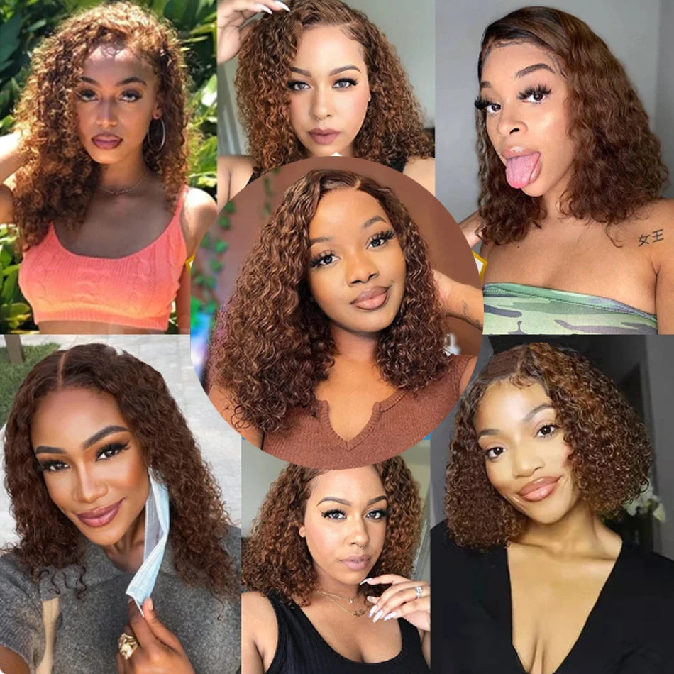 Perruque Bob Brésilienne Bouclée Brun Foncé, Cheveux Naturels, 13x4, pour Femme Africaine