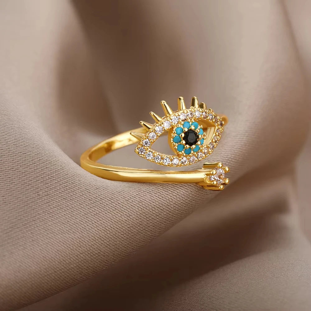 Bagues géométriques en acier inoxydable et Zircon pour femmes, bijoux de luxe, mauvais œil, couleur or, réglables, tendance, cadeau esthétique de mariage