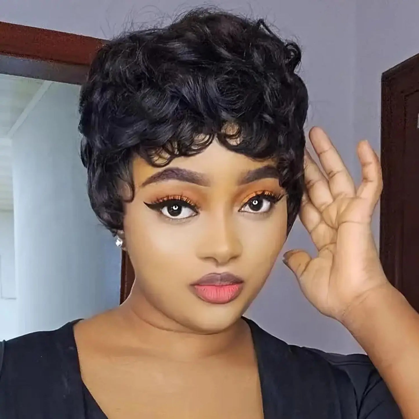 Perruque de Cheveux Humains Crépus et Bouclés avec Frange, Coupe Pixie Faite à la Machine