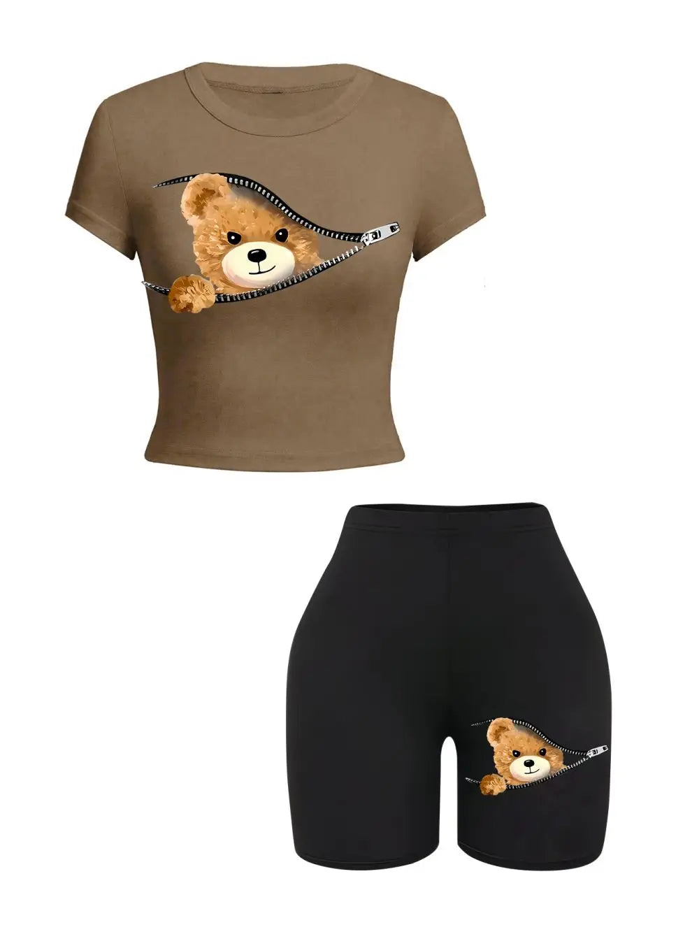 Ensemble 2 pièces de t-shirts courts minces pour femmes, un ours en peluche émerge des College à fermeture éclair, vêtements de sport à haute élasticité, t-shirts et shorts doux