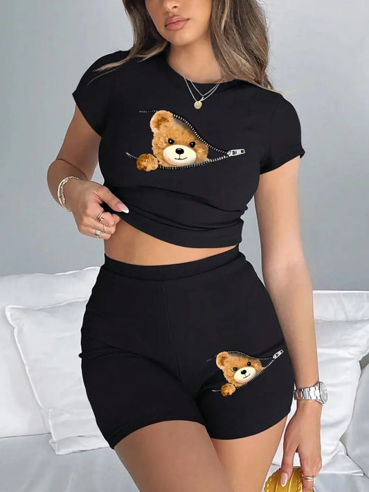 Ensemble 2 pièces de t-shirts courts minces pour femmes, un ours en peluche émerge des College à fermeture éclair, vêtements de sport à haute élasticité, t-shirts et shorts doux